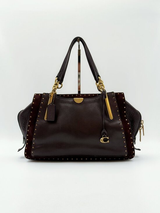 Coach Handbags - Coach Dark Brown Leather Studded Satchel with Gold Hardware